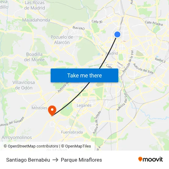 Santiago Bernabéu to Parque Miraflores map