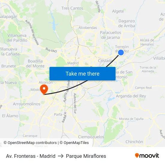 Av. Fronteras - Madrid to Parque Miraflores map