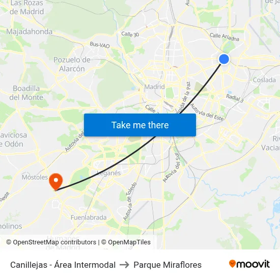 Canillejas - Área Intermodal to Parque Miraflores map