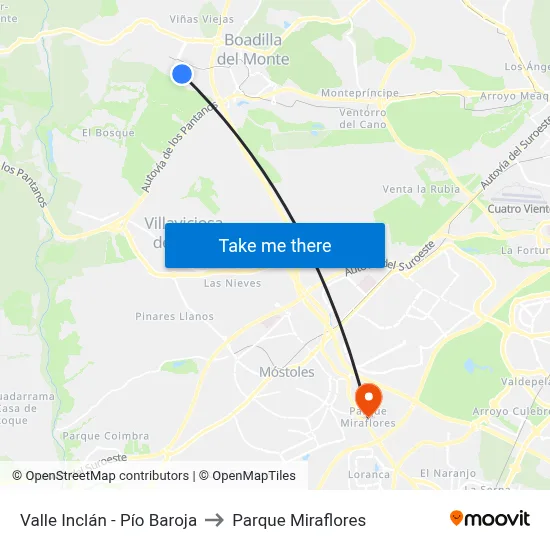 Valle Inclán - Pío Baroja to Parque Miraflores map