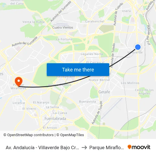 Av. Andalucía - Villaverde Bajo Cruce to Parque Miraflores map