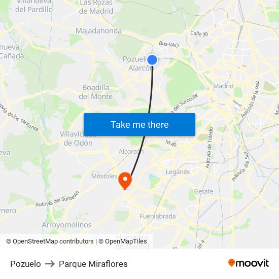 Pozuelo to Parque Miraflores map