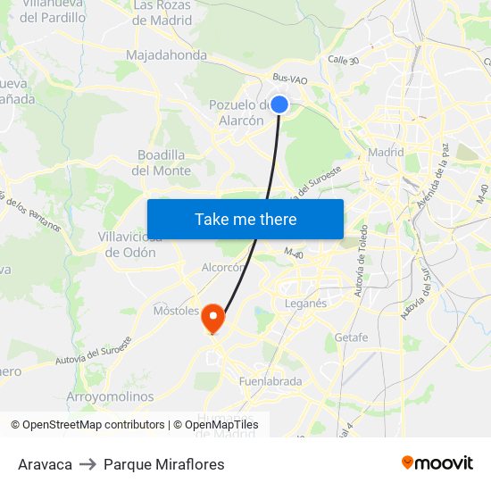 Aravaca to Parque Miraflores map