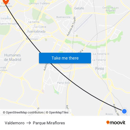 Valdemoro to Parque Miraflores map