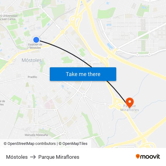 Móstoles to Parque Miraflores map