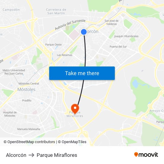 Alcorcón to Parque Miraflores map