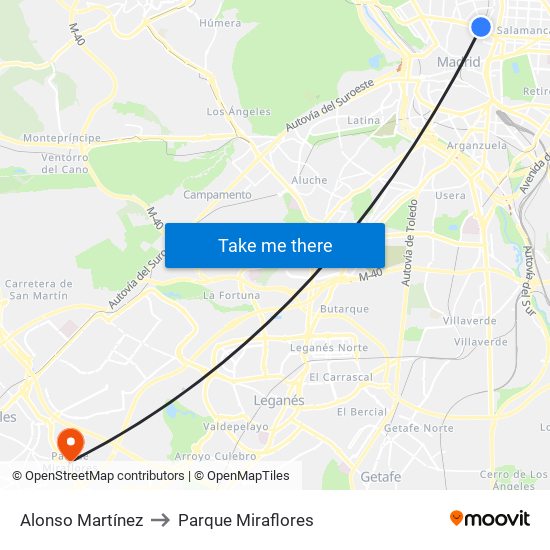 Alonso Martínez to Parque Miraflores map