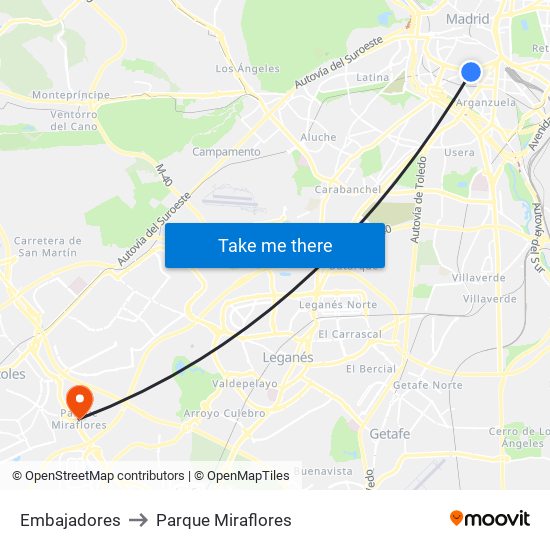 Embajadores to Parque Miraflores map
