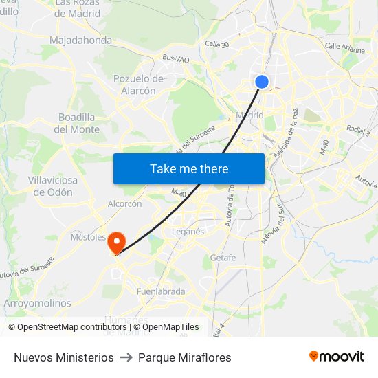 Nuevos Ministerios to Parque Miraflores map