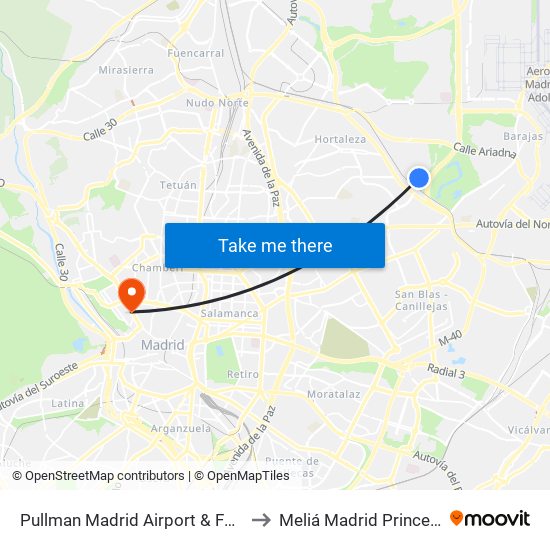 Pullman Madrid Airport & Feria to Meliá Madrid Princesa map