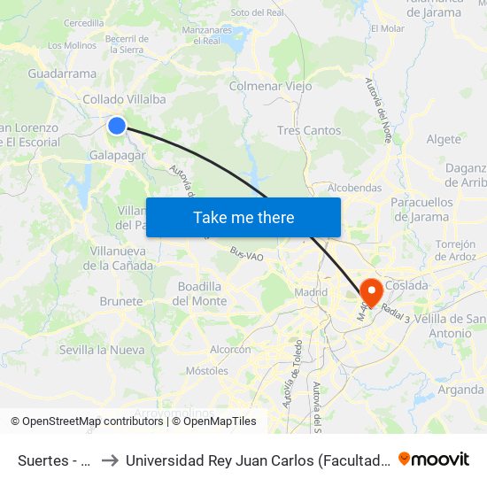 Suertes - Siete Picos to Universidad Rey Juan Carlos (Facultad De Ciencias Jurídicas Y Sociales) map