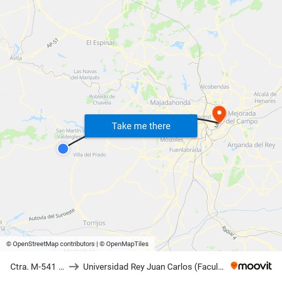 Ctra. M-541 - Amor De Dios to Universidad Rey Juan Carlos (Facultad De Ciencias Jurídicas Y Sociales) map