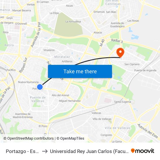 Portazgo - Estadio De Vallecas to Universidad Rey Juan Carlos (Facultad De Ciencias Jurídicas Y Sociales) map