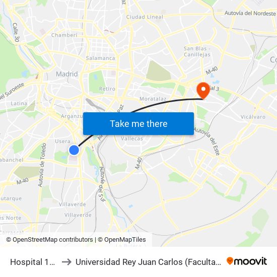 Hospital 12 De Octubre to Universidad Rey Juan Carlos (Facultad De Ciencias Jurídicas Y Sociales) map
