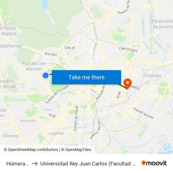 Húmera - Pueblo to Universidad Rey Juan Carlos (Facultad De Ciencias Jurídicas Y Sociales) map