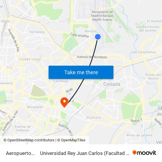 Aeropuerto T1 - T2 - T3 to Universidad Rey Juan Carlos (Facultad De Ciencias Jurídicas Y Sociales) map