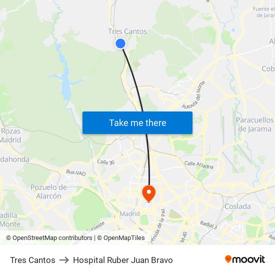 Tres Cantos to Hospital Ruber Juan Bravo map