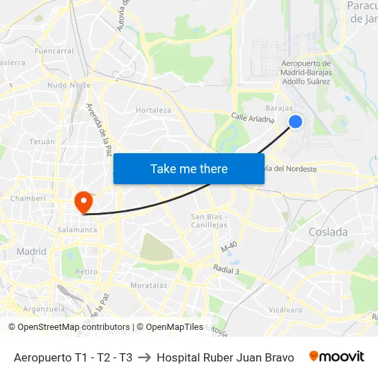 Aeropuerto T1 - T2 - T3 to Hospital Ruber Juan Bravo map