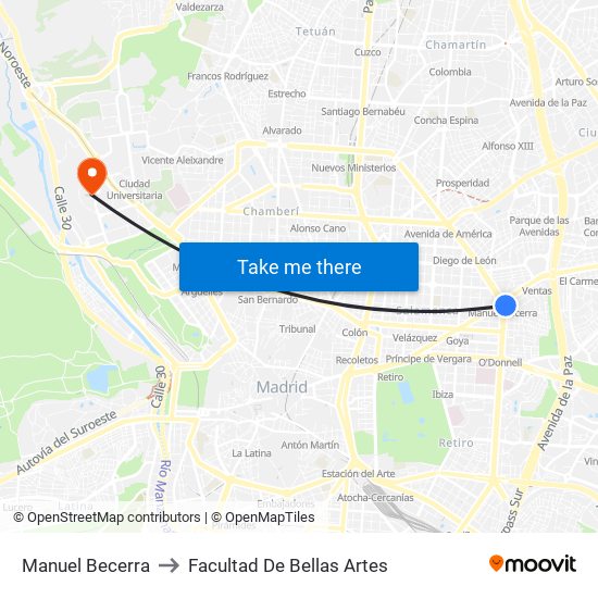 Manuel Becerra to Facultad De Bellas Artes map