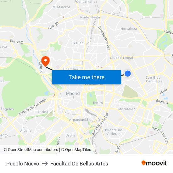 Pueblo Nuevo to Facultad De Bellas Artes map