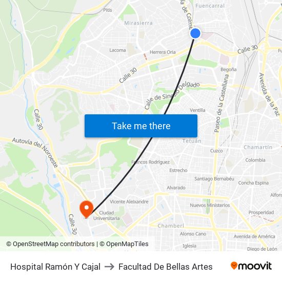 Hospital Ramón Y Cajal to Facultad De Bellas Artes map