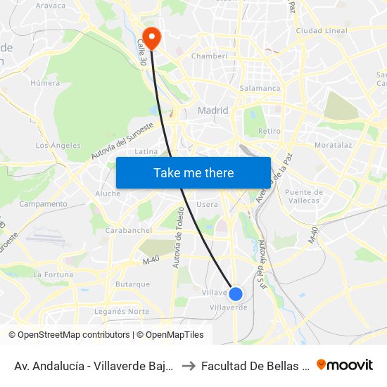 Av. Andalucía - Villaverde Bajo Cruce to Facultad De Bellas Artes map