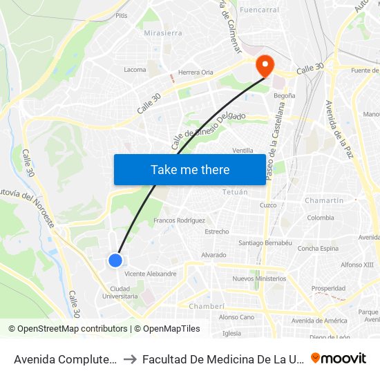 Avenida Complutense - Jardín Botánico to Facultad De Medicina De La Universidad Autónoma De Madrid map
