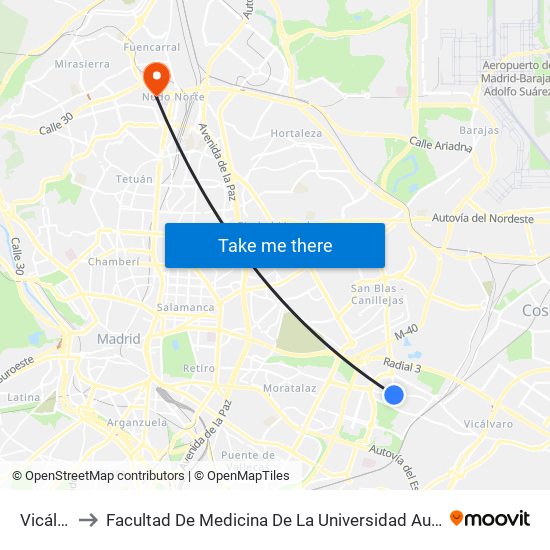 Vicálvaro to Facultad De Medicina De La Universidad Autónoma De Madrid map