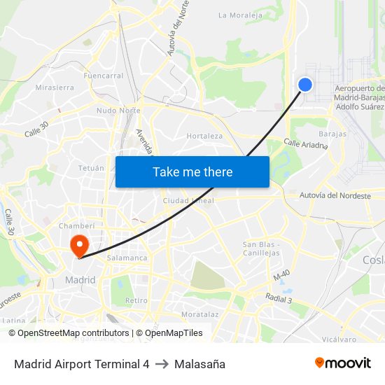 Madrid Airport Terminal 4 to Malasaña map