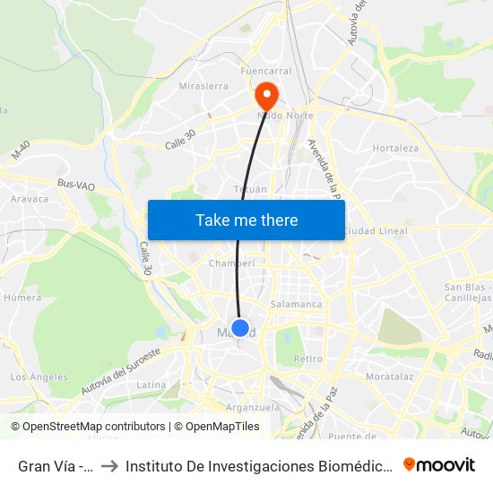 Gran Vía - Montera to Instituto De Investigaciones Biomédicas De Madrid ""Alberto Sols"" map