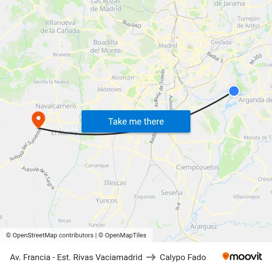 Av. Francia - Est. Rivas Vaciamadrid to Calypo Fado map