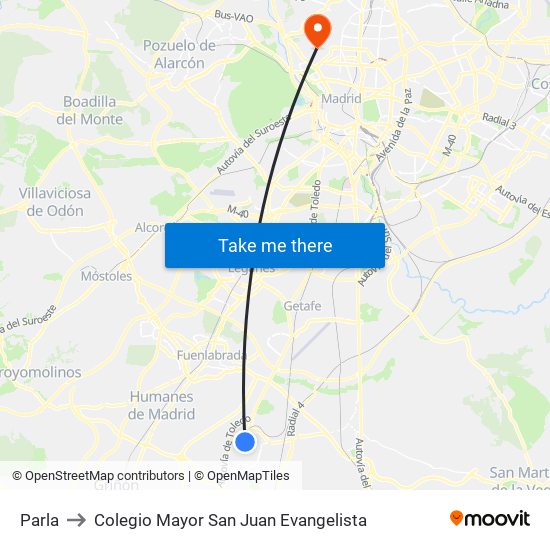 Parla to Colegio Mayor San Juan Evangelista map