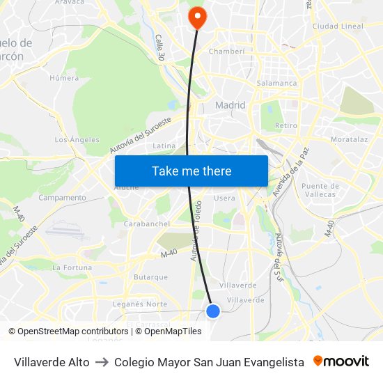 Villaverde Alto to Colegio Mayor San Juan Evangelista map