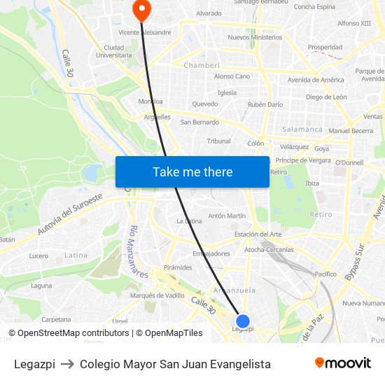 Legazpi to Colegio Mayor San Juan Evangelista map