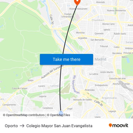 Oporto to Colegio Mayor San Juan Evangelista map