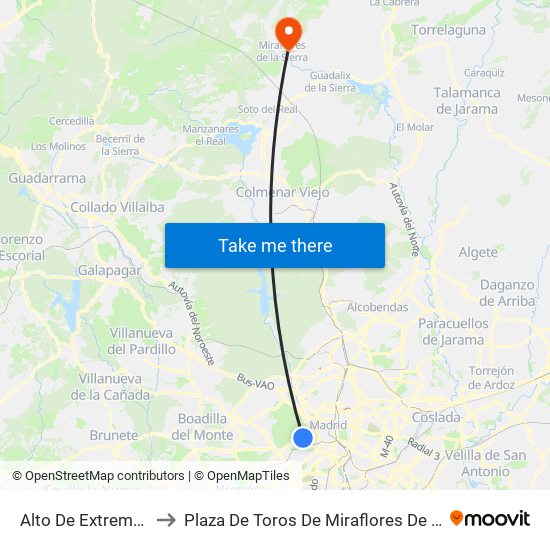 Alto De Extremadura to Plaza De Toros De Miraflores De La Sierra map