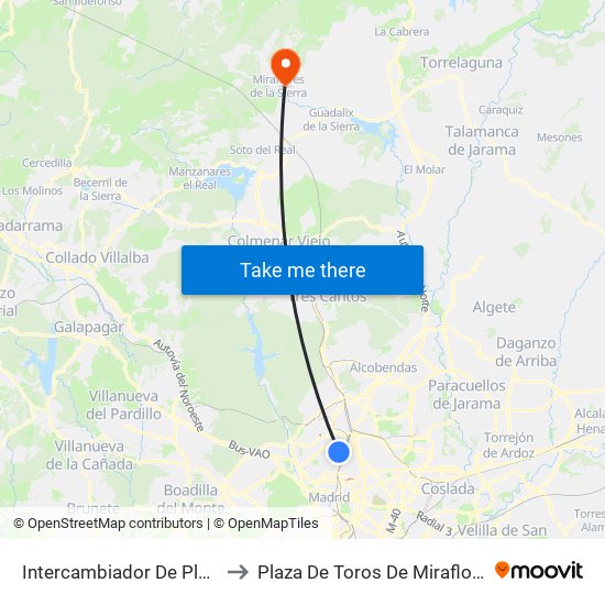 Intercambiador De Plaza De Castilla to Plaza De Toros De Miraflores De La Sierra map