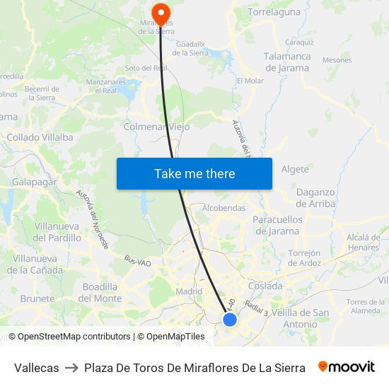 Vallecas to Plaza De Toros De Miraflores De La Sierra map