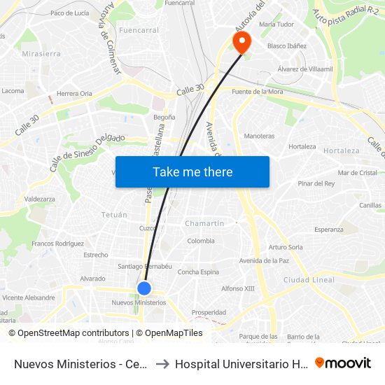 Nuevos Ministerios - Centro Comercial to Hospital Universitario Hm Sanchinarro map