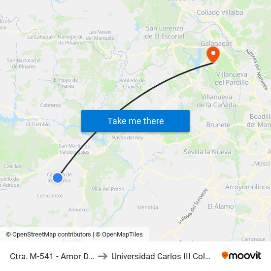 Ctra. M-541 - Amor De Dios to Universidad Carlos III Colmenarejo map