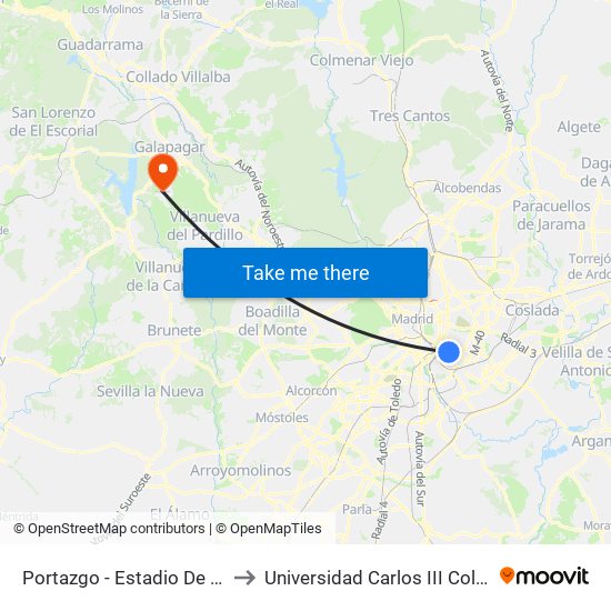 Portazgo - Estadio De Vallecas to Universidad Carlos III Colmenarejo map