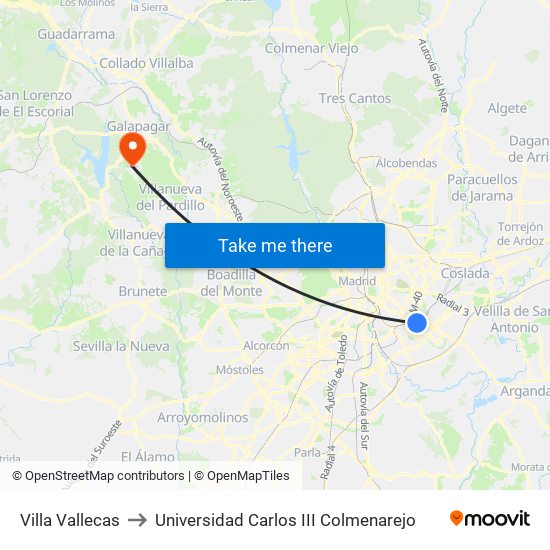 Villa Vallecas to Universidad Carlos III Colmenarejo map