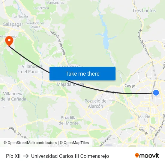 Pío XII to Universidad Carlos III Colmenarejo map