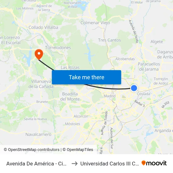 Avenida De América - Ciudad Pegaso to Universidad Carlos III Colmenarejo map