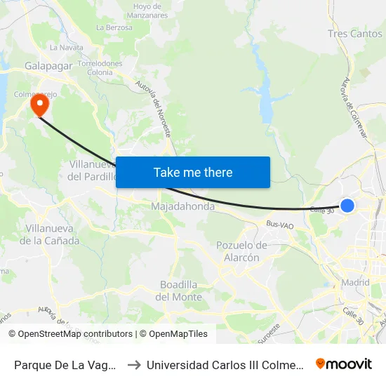 Parque De La Vaguada to Universidad Carlos III Colmenarejo map
