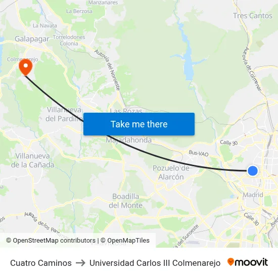 Cuatro Caminos to Universidad Carlos III Colmenarejo map