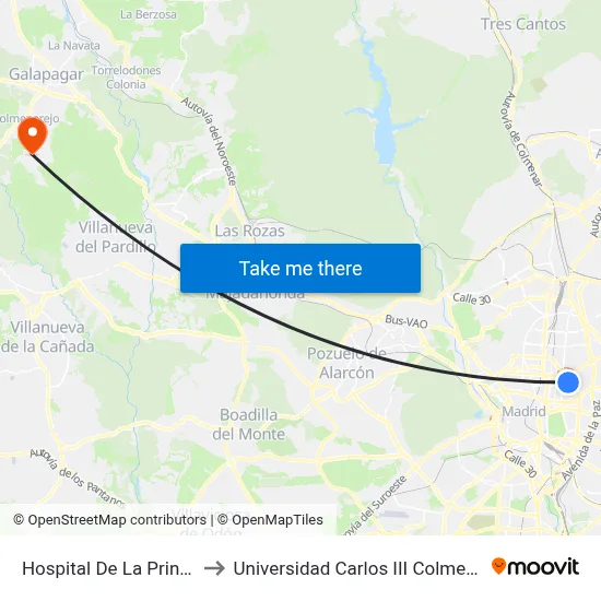 Hospital De La Princesa to Universidad Carlos III Colmenarejo map