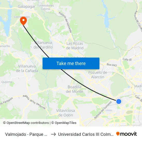 Valmojado - Parque Aluche to Universidad Carlos III Colmenarejo map