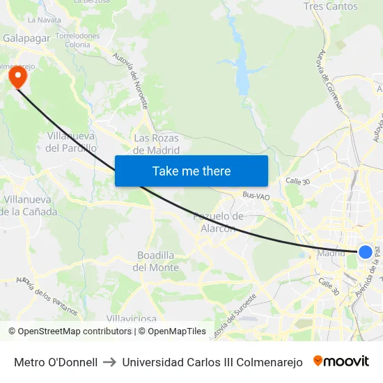 Metro O'Donnell to Universidad Carlos III Colmenarejo map