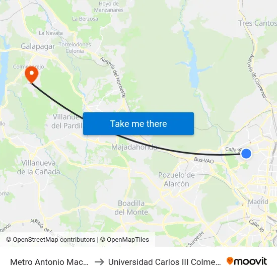 Metro Antonio Machado to Universidad Carlos III Colmenarejo map